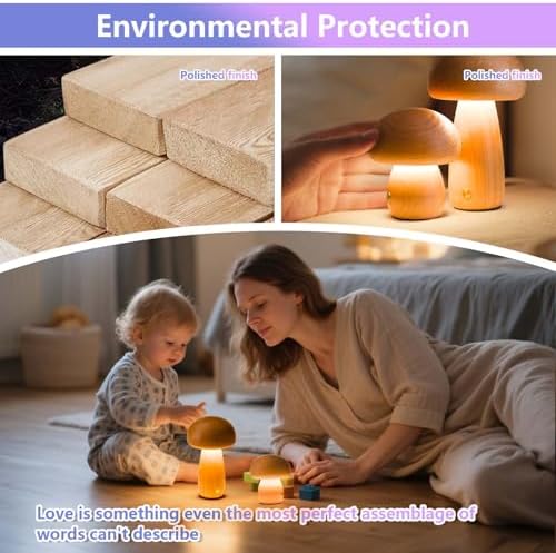 Cordless Wood Mushroom,Rechargeable Bedside Table Lamp Set, 2Pack - Image 5