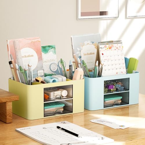 Marbrasse Pen Organizer with 2 Drawer, Multi-Functional Pencil Holder for Desk, Desk Organizers and Accessories with 5 Compartments + Drawer for Office Art Supplies (Yellow) - Image 5