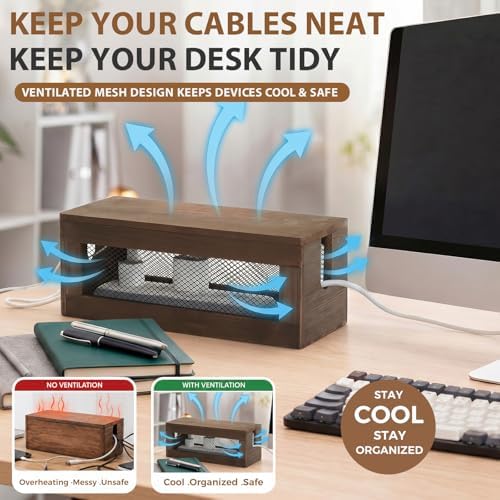 Chunful 13 Inch Cable Management Box, Wood Cord Hider Organizer with Magnetic Lid & Organizer for Power Strip, TV Wires & Desk Cable Storage, Ventilation Hide Floor Cables - Image 6