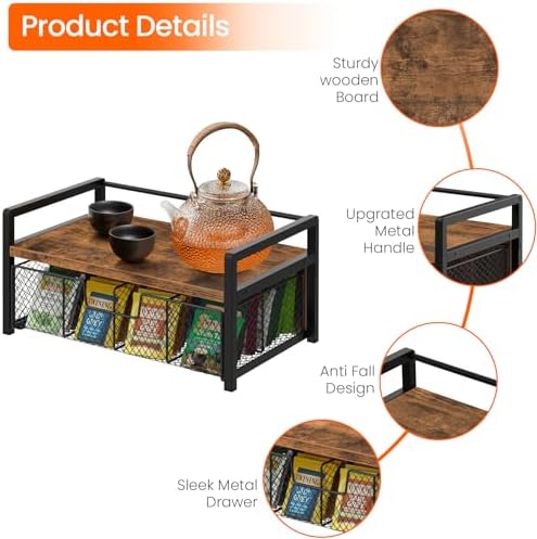 Homode Tea Bag Organizer, Wood Tea Organizers and Storage Chest, Teabag Holder with Storage Drawer,Tea Station Chest Display Container Box for Countertop Kitchen, Rustic Brown - Image 5