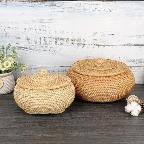 Hipiwe Round Rattan Basket Box with Lid Small Hand-Woven Wicker Basket Bin - Image 6