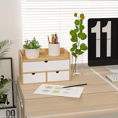 Bamboo Desk Organizer with Drawers, Desktop Storage for Office Supplies - Image 2