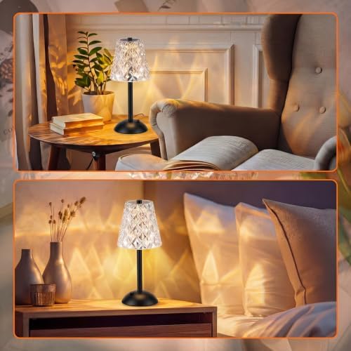 Liliful 2 Pcs Cordless Table Lamp LED Touch, Black, Diamond Style - Image 5
