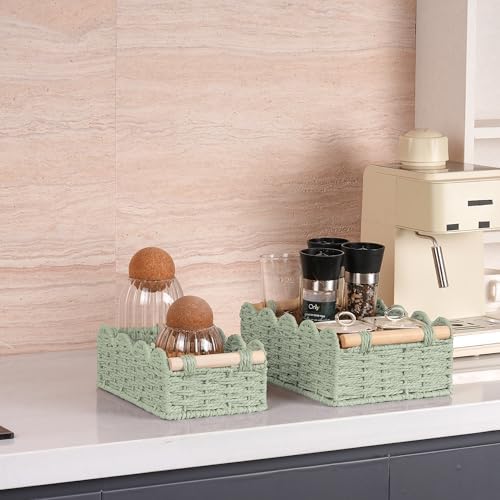 iEGrow Paper Rope Small Storage Baskets for Organizing, Set of 2 Scalloped Edge Wicker Basket with Wooden Handles Toilet Paper Basket for Over Toilet Storage Shelf, Home Decor, Living Room (Green) - Image 5