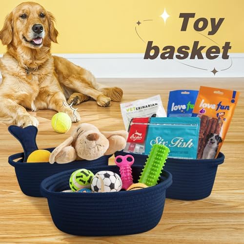 Pro Goleem Small Woven Basket with Gift Bags and Ribbons Durable Baskets for Gifts Empty Small Rope Basket for Storage 12"X 8" X 5" Baby Toy Baskets with Handles, Navy Blue - Image 6