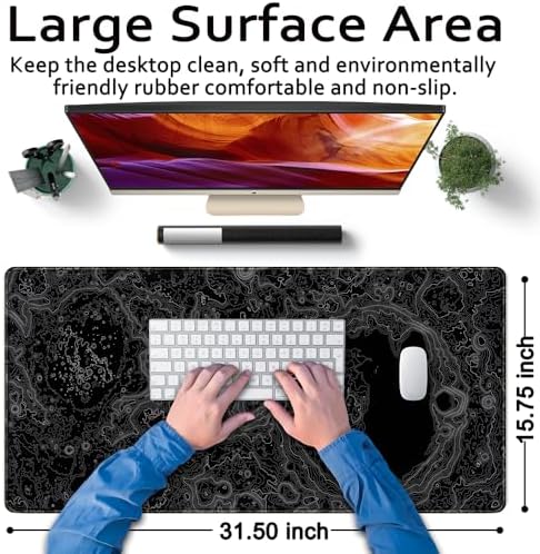 Dimensional Black Topographic Desk Mat Gaming Desk Pad Large Gaming Mouse Pad Desk Accessories Desk Mat Extended Mousepad 31.5 x 15.7 in, with Anti-Slip Stitched Edges Long Computer Keyboard Mouse Mat - Image 6