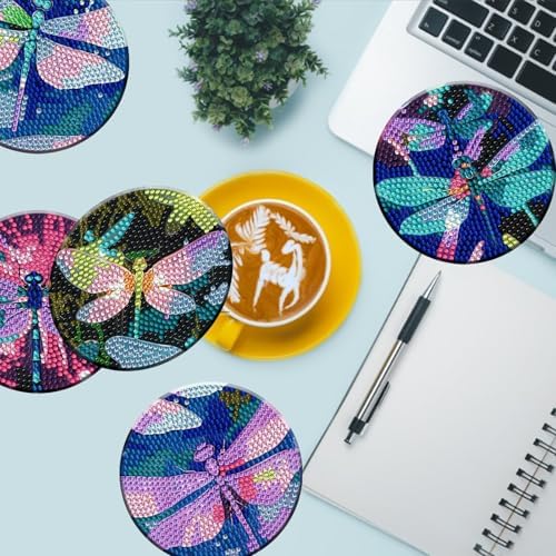 Demonwer 8 Pieces Dazzling Dragonfly Diamond Coasters Kits with Holder DIY Colorful Dragonfly Diamond Art Coaster Coaster for Gifts Beginner Adults Kids Art Table Home Craft Gift Supplies - Image 4