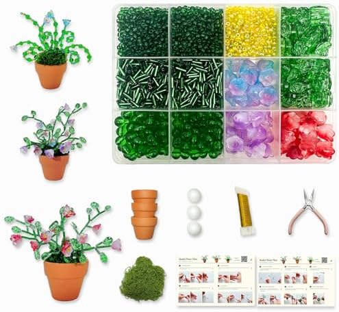 Juan's Moment Green Glass Beaded Plant Kit, Bead Craft Kit to Make Beading Flower Leaf Plants Window Suncatcher DIY Desk Decor with Pots Tools and Video Tutorial for Adults & Teens Creative Gift by Juan%27s+Moment
