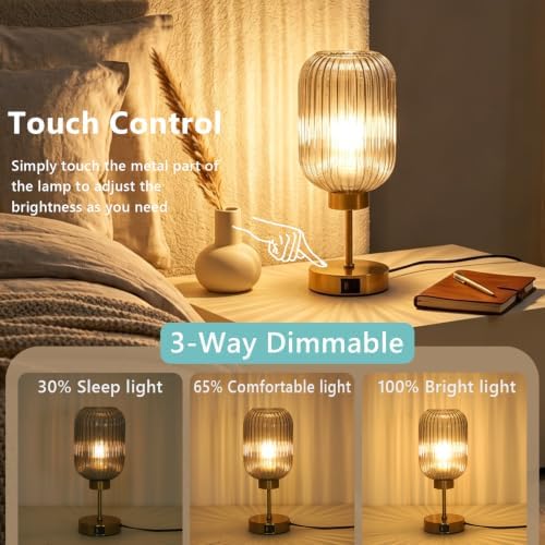 LAMSU Grey Glass Table Lamp for Bedroom with Bulb, Small Beside Lamp with USB Ports, 3 Way Dimmable Desk Lamp, Vintage Modern Nightstand Lamp for Living Room, Office, Ambient Mood Lighting - Image 2