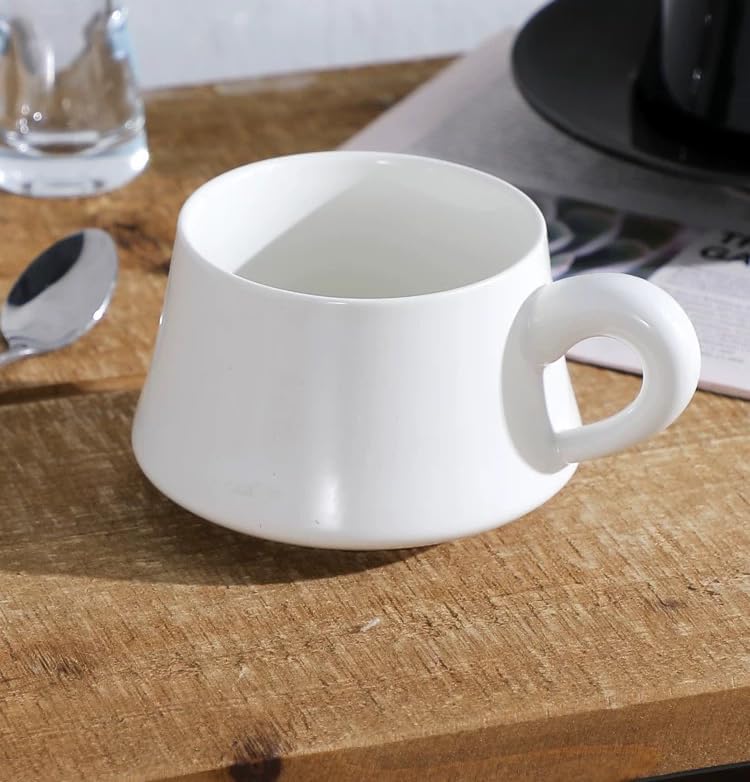 Set of 1 Ceramic Tea White Cup and Wood Saucer - 7 oz Tea Mug - Wide Cappuccino Cup, Coffee Cups for Cappuccino, Latte, Espresso, Americano - Image 4