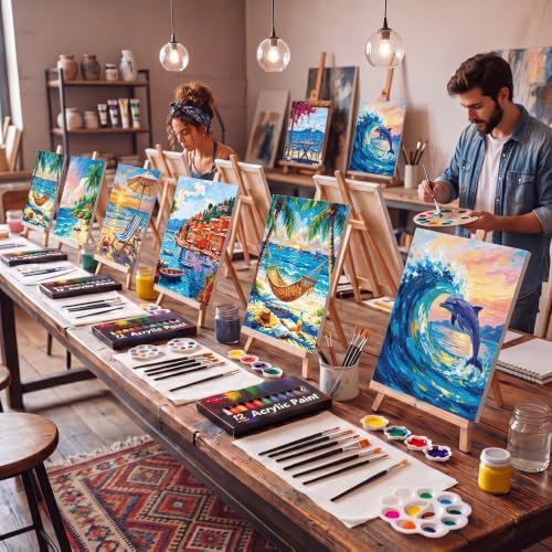 Ctosree 72 Pcs Seaside Scenery Paint and Sip Kit for Adults 8'' x 10'' Pre Drawn Canvas for Painting DIY Pre Printed Canvas for Party Favor Acrylic Painting Kit Wood Easel Brushes Date Night Bulk - Image 2