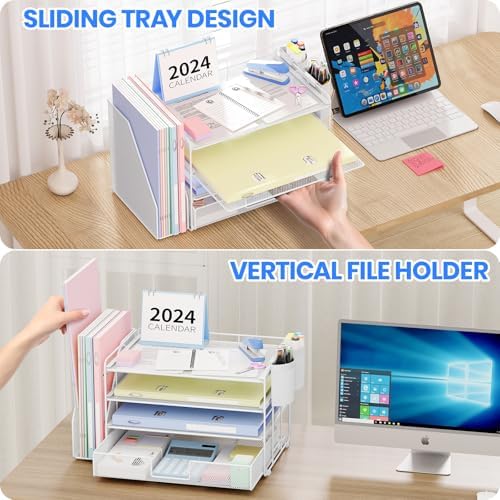 OPNICE Desk Organizer, 4-Tier Desktop File Organizer with Drawer and Pen Holders, Office Desk Accessories, File Sorters, Workspace Organizers for Office Supplies(White) - Image 6