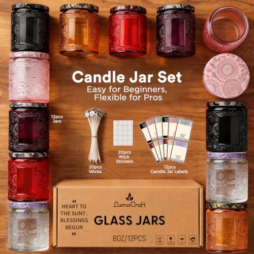 LumaCraft Luxury Embossed Glass Candle Jars for Making Candles - 12 Pack Empty Candle Containers with Lids, 20 Wicks & 20 Stickers, Colored Glass Jars for Gifts & Decor - Image 2