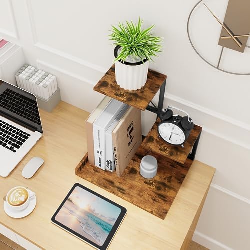 ELITEROO Desk Shelf Organizer, Wood Desktop Organizer Small Bookshelf, 3 Tier Storage Shelf Riser Display Stand for Office Decor and Desk Accessories, Rustic Brown Black - Image 2