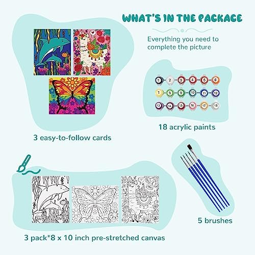 goldentime 3 Pack Kids Paint by Numbers Kit, Pre-Drawn Canvas Painting, Includes 8x10 inch Framed Canvas with 18 Acrylic Paints, 5 Brushes, Perfect Creative Gifts & Arts and Crafts for Kids - Image 2