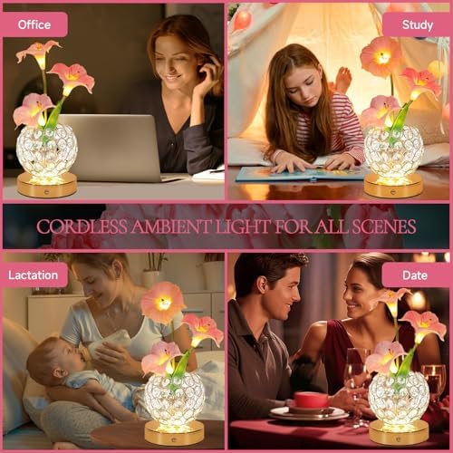 Flower Table Lamps, Rechargeable Cordless Desk Lamp, 3 Colors Dimmable Artificial Flowers Night Light, Morning Glory with Crystal Vase for Home Date Party Decoration (Morning Glory-Pink) - Image 6