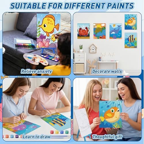Blosssound 10 Set Pre Printed Canvas Pre Drawn Canvas Painting with Easel Kits 5" x 7" Outline Painting Panels for Beginners, DIY Craft Project, Home Decors(Ocean) - Image 6