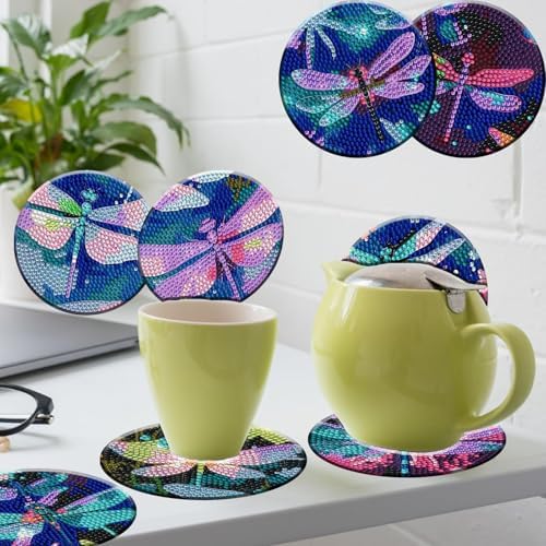 Demonwer 8 Pieces Dazzling Dragonfly Diamond Coasters Kits with Holder DIY Colorful Dragonfly Diamond Art Coaster Coaster for Gifts Beginner Adults Kids Art Table Home Craft Gift Supplies - Image 3