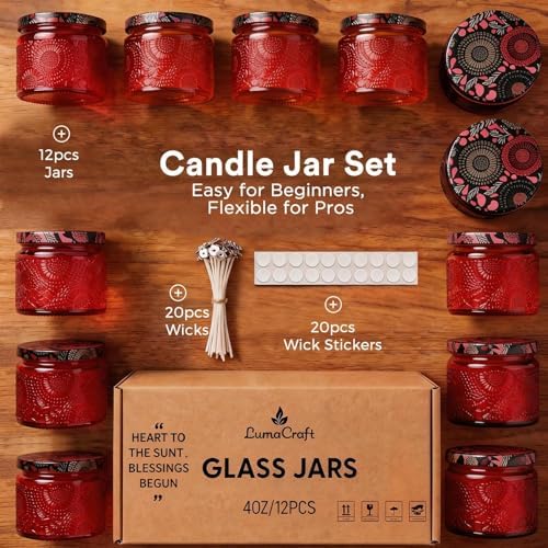 LumaCraft Luxury Embossed Glass Candle Jars for Making Candles - 12 Pack Empty Candle Containers with Airtight Metal Lids, 20 Wicks & 20 Stickers, Colored Glass Jars for Gifts & Decor-4oz - Image 2