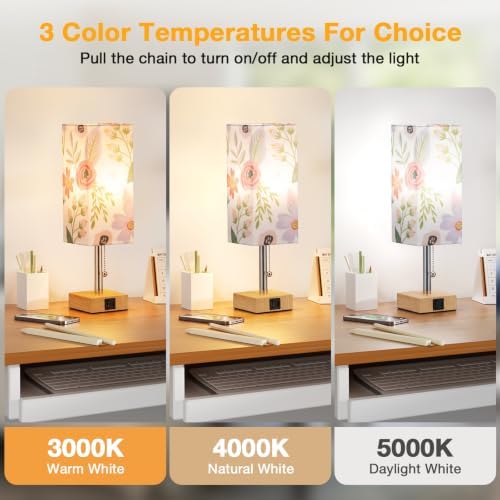 aooshine Flower Small Table Lamp for Bedroom - 3 Color Temperature 3000K 5000K 4000K Bedside Lamp, Pull Chain Control, USB A and C Ports, Bulb Included - Image 2