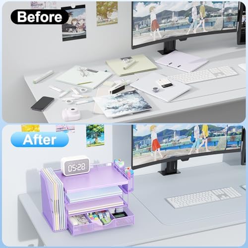 gianotter Wood Desk Organizers and Accessories with File Holder, 4-Tier Desk Accessories & Workspace Organizers with Drawer and 2 Pen Holder, Desk Reference Organizer (Purple, 4T with Metal Drawer) - Image 2
