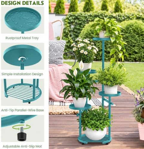 TOSKING Tall 5-Tier Round Metal Corner Plant Stand Indoor, Anti-Tip, Blue - Image 4