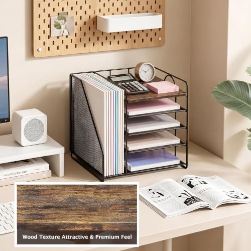 OPNICE Desk Organizer, 5-Tier Paper Organizer Letter Tray, Brown Wood - Image 5