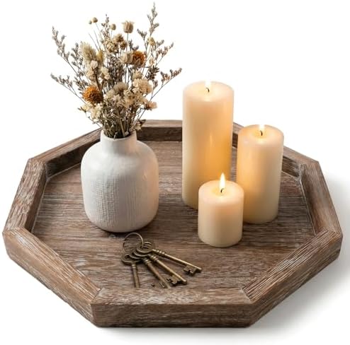 Rustic Candle Holder Plate Round Wooden Decorative Tray for Coffee Table by Ayiaren