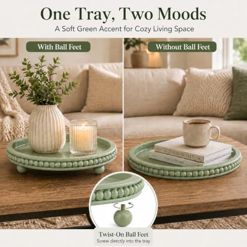 Sage Green Coffee Table Tray, 12" Round Wooden Decorative Tray - Image 3