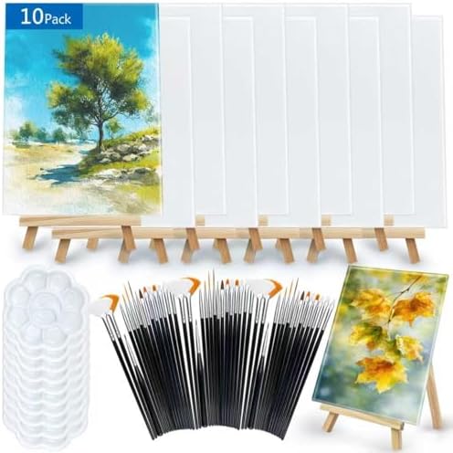 PPXMEEUDC 10PACK 75pcs Canvas with Easel Set Board with Wooden Easel Tray Brush 6 x 8in Canvas Aainting Board Set Great for Beginners in Ail Painting and Watercolor Painting Party Gift by PPXMEEUDC