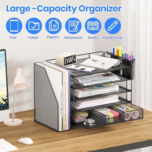OPNICE Desk Organizer, 5-Tier Desktop File Organizer with Drawer and Pen Holders, Office Desk Accessories, File Sorters, Workspace Organizers for Office Supplies(Black) - Image 4