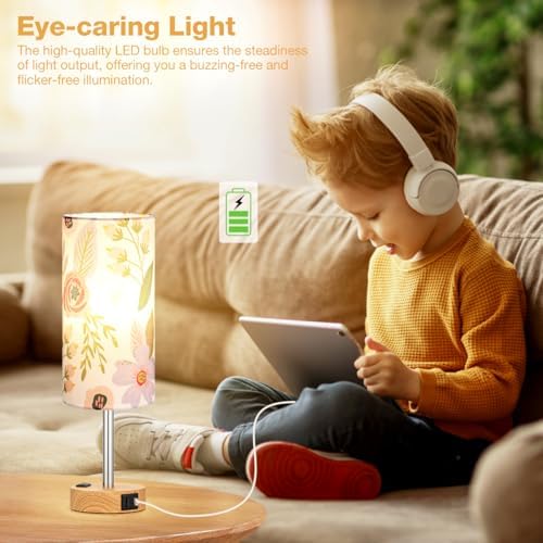 Fenmzee Floral Bedside Lamp for Bedroom, Dimmable Touch, USB A+C, AC Outlet - Image 7