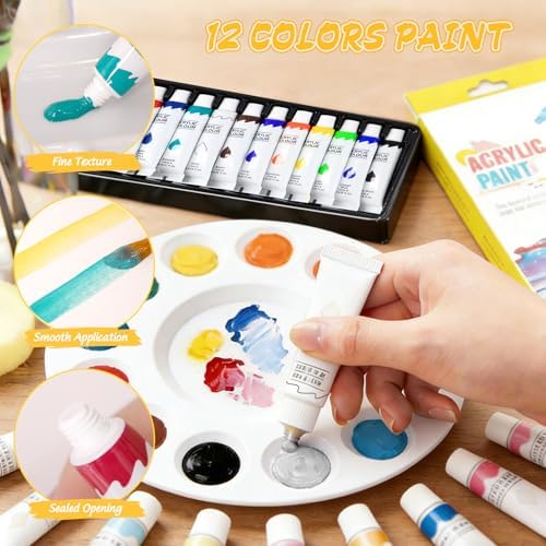 2 Set Acrylic Paint Sets for Adults, Canvas Painting Kit, Paint Kits for Adults, Canvas and Easel Set, 12-Color Acrylic Paints, Brushes, Easel, Palette - for Beginners and Professionals - Image 4
