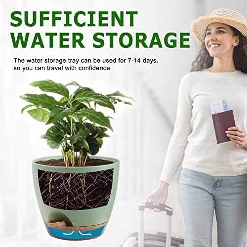 QRRICA Plant Pots 10/9/8 Inch Self Watering Pots, Set of 3 Plastic Planters with Drainage Holes and Saucers,Plastic Flower Pots,Nursery Planting Pot for Indoor Out Door Plants（Green） - Image 5