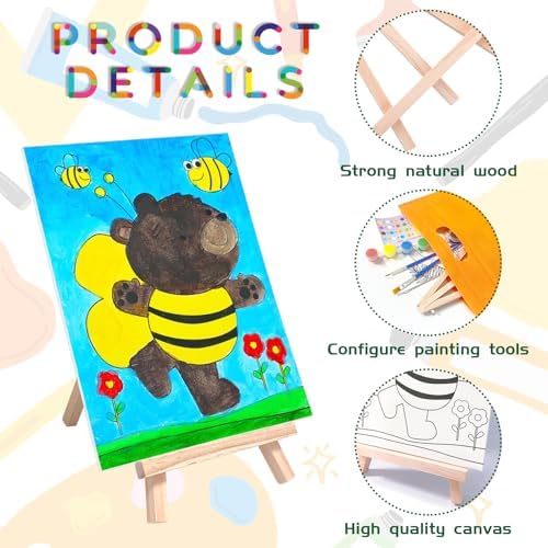 48PCS 12 Sets Printed Canvas Paint Art 12 Pcs Wooden Easel Set Paint Pots and Brushes and 12 Pre Drawn Canvas Panel 12 Pcs Mini Apron and Tote Bag for Kids(Animal) - Image 4