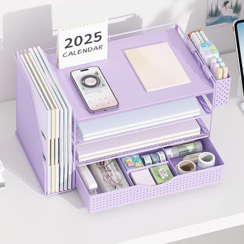 Wood Desk Organizers and Accessories with File Holder, 4-Tier Desk Accessories & Workspace Organizers with Drawer and Pen Holder, Desk Reference Organizer (Purple, 4T with Drawer) - Image 5