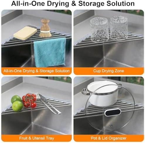Corner Sink Caddy Triangle Dish Drying Rack for Sink Corner, Sponge Holder Roll Up Dish Drying Rack Over The Sink, Stainless Steel Kitchen Sink Organizer Drainer Mat Sponge Caddy for Counter Storage - Image 5