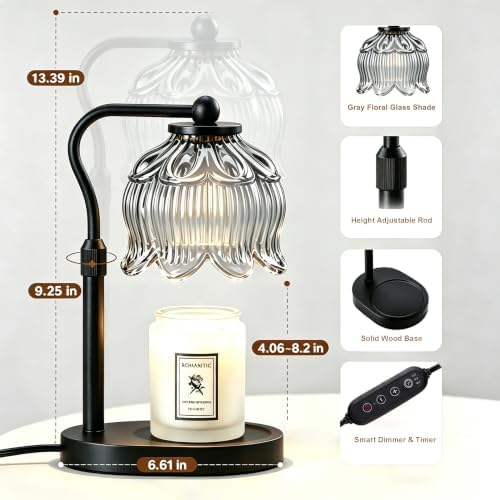 Briever Flower Candle Warmer Lamp, Adjustable Height Electric Candle Lamp with Timer & Dimmer, Wooden Base Wax Warmer, Christmas Birthday Housewarming Gifts for Women Mom, Black-Gray Glass - Image 2