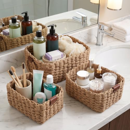 3 Pcs Woven Storage Basket, Multi Size Paper Rope Small Wicker Basket Storage Bins, Small Bathroom Baskets for Organizing Shelves, Cabinet, Pantry, Living Room, Wedding Bathroom - Brown - Image 4