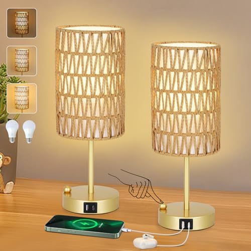 Gold Bedside Lamps Set of 2, Touch Control Night Stand Lamp for Bedroom with Rattan & Linen Shade & Bulbs, 3 Way Dimmable Small Boho Table Lamps with USB Charging Port & Phone Stand by LightingFixtures