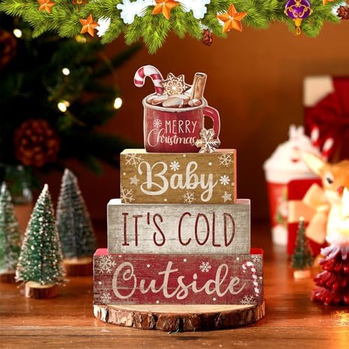 Moucuny 4 Pcs Christmas Table Decorations Indoor, Hot Cocoa Wood Block Sign - Image 3