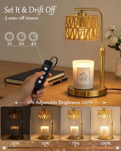 Candle Warmer Lamp with Timer, Dimmable Candle Warmer for Jar Candles, Height Adjustable Candle Lamp Warmer, Boho Rattan Lampshade and 2 Bulbs, Gift for Home Room Decor, Gifts for Women Mom (Gold) - Image 3