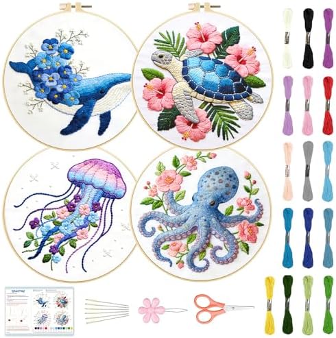 BEUNITONE 4 Pack Beginner Embroidery Kit for Adults, Marine Animals Flowers Pre-Stamped Pattern Needlepoint Kits with Hoops & Instruction, Handmade Embroidery Kits for Fabric and Home Decor 7.9x7.9 by BEUNITONE