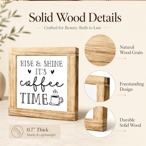 Rise And Shine Coffee Time Wood Sign, Morning Coffee Bar Decor, Farmhouse Kitchen Counter Plaque, Rustic Shelf Sitter For Breakfast Nook Coffees Station, Cozy Beverage Nook Display, 5.9 x 5.9 in - Image 6