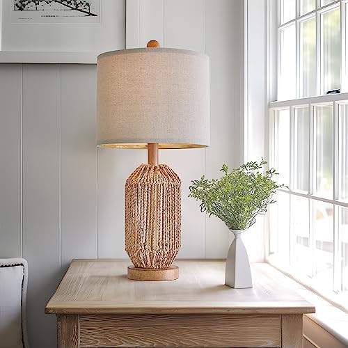 OYEARS 21" Boho Table Lamp for Living Room, Bedside Lamp for Nightstands, Rattan Lamp for Bedroom, Farmhouse Table Lamp for Room Decor, End Table, Retro, Brown, 1 Pack - Image 2