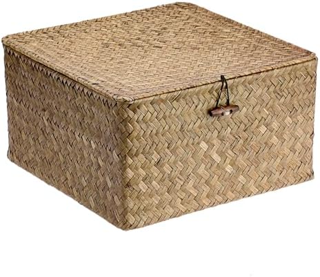 Hipiwe Seagrass Wicker Storage Basket Bin Boxes with Lid, Coffee, X-Large by Hipiwe