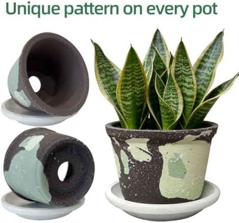 2.6 Inch Mini Ceramic Planter Pot with Drainage Hole and Saucer, Round Flower Pot for Indoor Plants, Cactus Herbs Windowsill Decor(Brown&Green) - Image 2