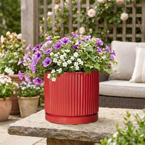 10 Inch Ceramic Planter, Round Flower Pots with Saucer, Red - Image 5