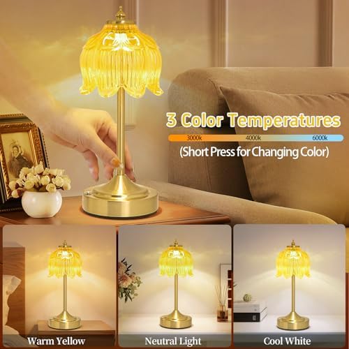 Cordless Table Lamp, Rechargeable Honey Gold Glass Lotus Flower Lamp - Image 3