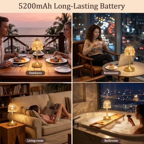Cordless Table Lamp, Rechargeable Gold Glass Flower Lamp - Image 7